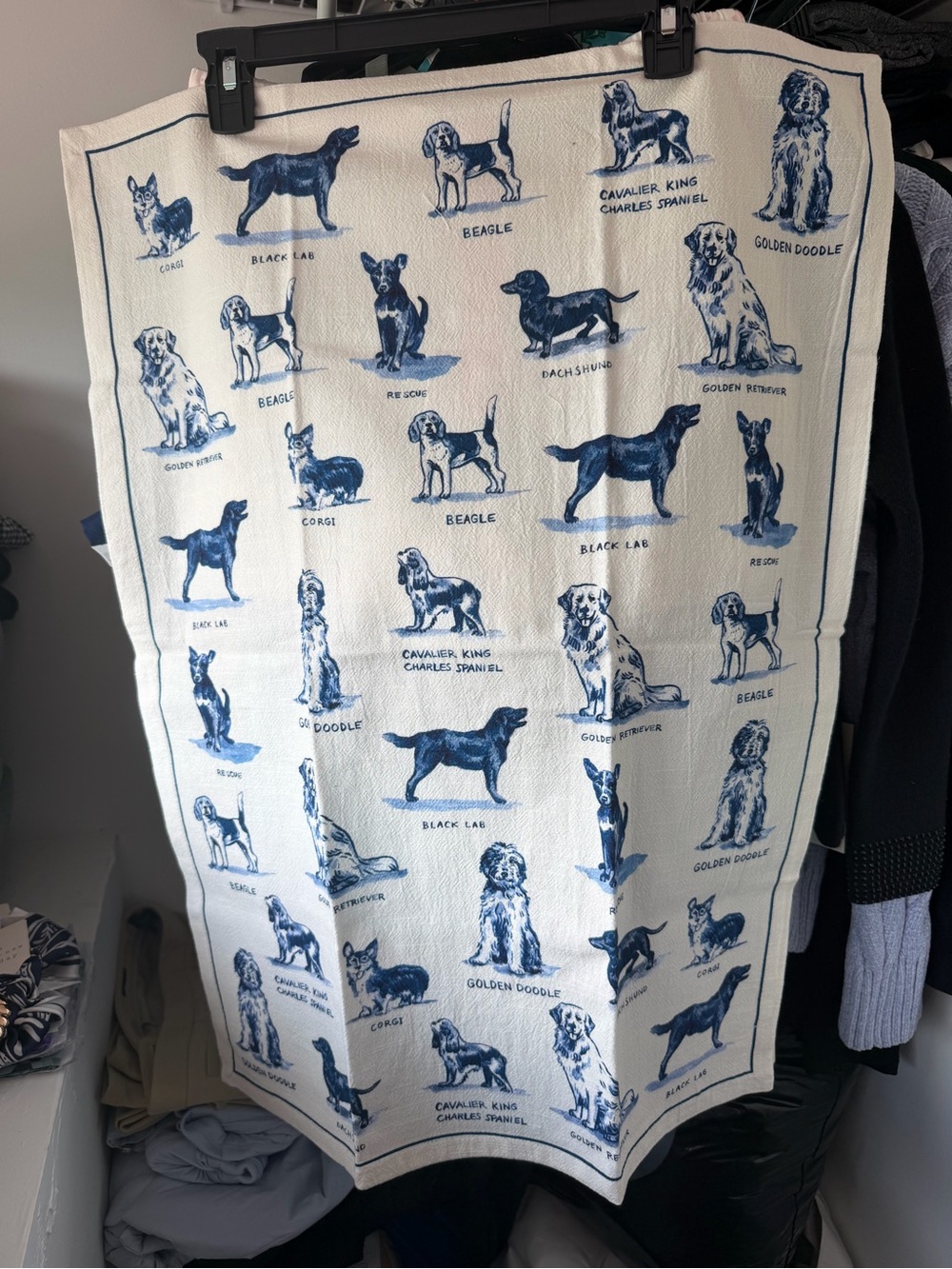 Anthropologie Blue and White Dog Breed Print Tea Towel NWT